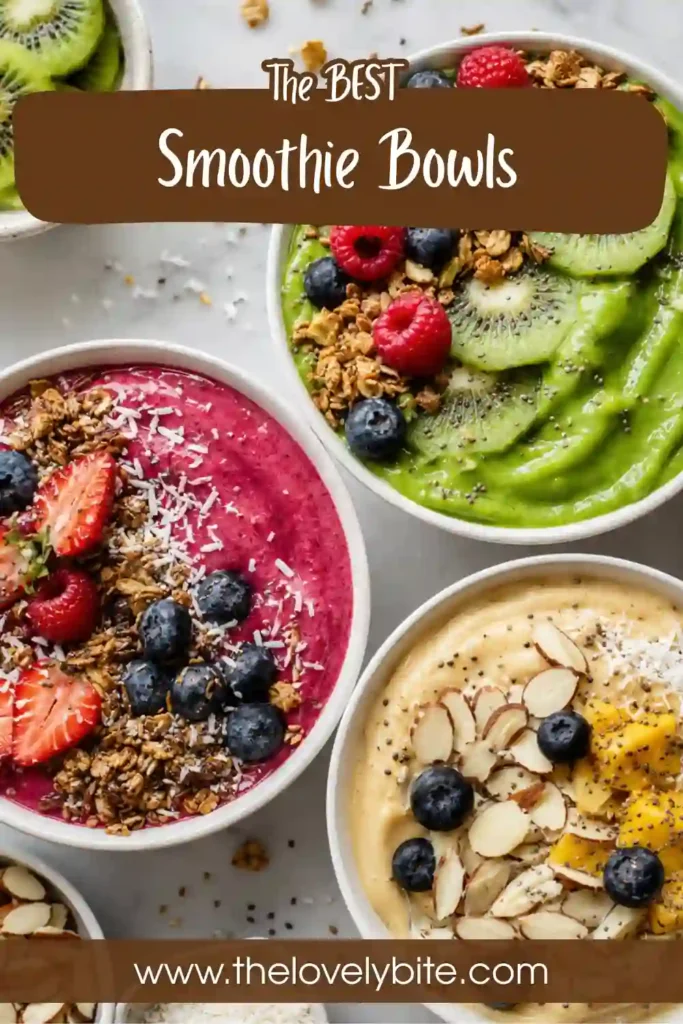 A tropical Smoothie Bowl made with frozen mango, pineapple, and banana, topped with coconut flakes and fresh fruit. The bowl offers a bright and refreshing breakfast experience.