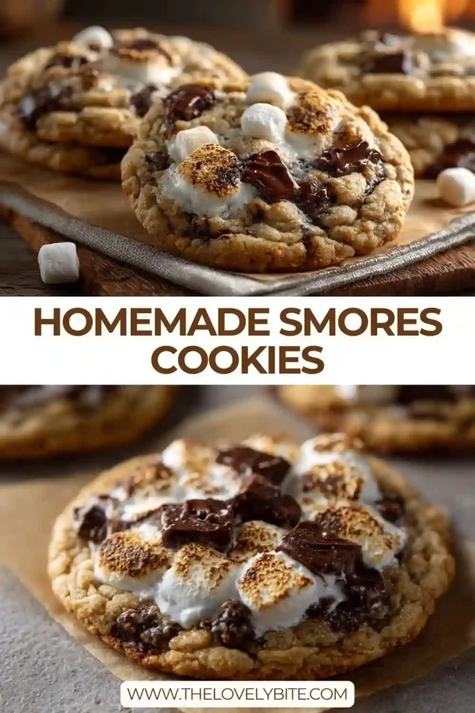 Freshly baked Smores Cookies topped with melted chocolate and toasted marshmallows. The cookies feature graham cracker pieces and a soft chewy texture.