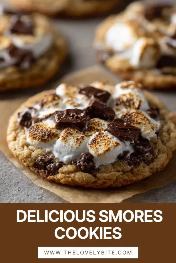 Close-up of chewy Smores Cookies loaded with chocolate chips, marshmallows, and graham crackers. Golden edges and soft centers make them irresistible.
