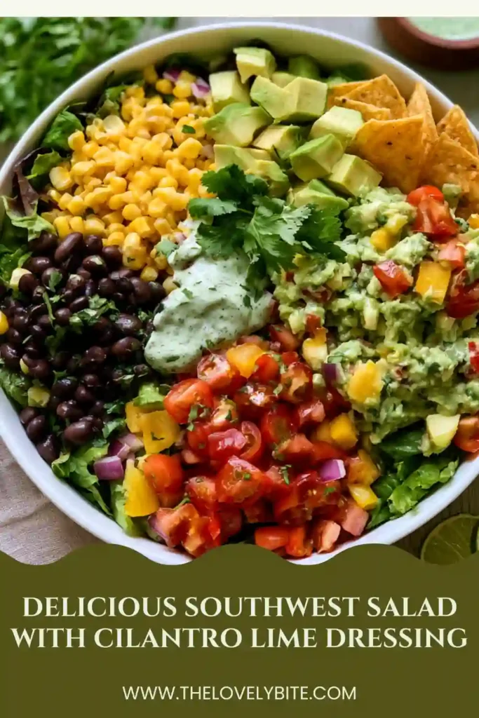 A fresh Southwest Salad with Cilantro Lime Dressing served in a bowl with romaine lettuce, black beans, corn, avocado, and tomatoes. The colorful ingredients create a healthy and vibrant meal perfect for lunch or dinner.