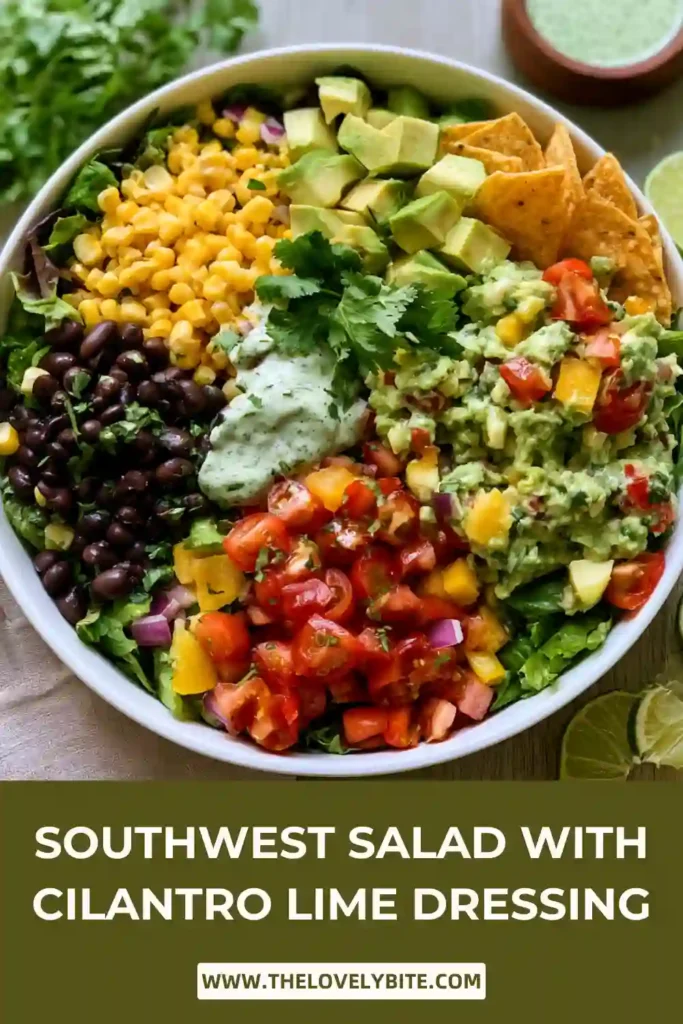 Healthy Southwest Salad with Cilantro Lime Dressing topped with crunchy tortilla strips and fresh vegetables. A colorful vegetarian salad packed with texture and flavor.