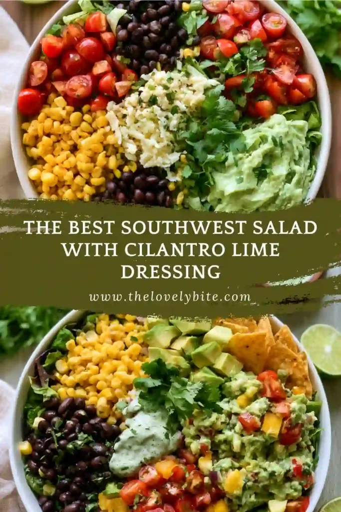 A close-up view of Southwest Salad with Cilantro Lime Dressing featuring black beans, tomatoes, corn, and avocado slices. The homemade dressing provides a bright and flavorful finish.