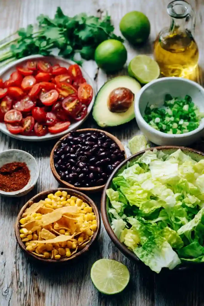 Fresh homemade Southwest Salad with Cilantro Lime Dressing arranged in a serving bowl. Crisp romaine lettuce and vibrant toppings make it a healthy and appealing meal.