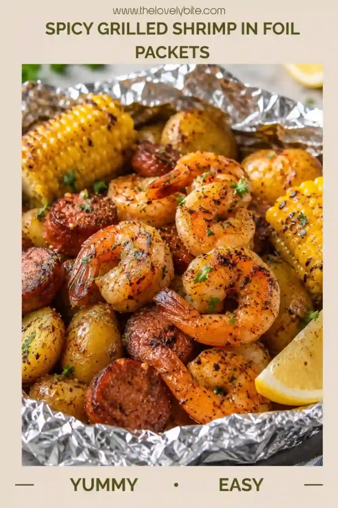 Close-up of grilled shrimp foil packets featuring seasoned shrimp, corn rounds, potatoes, and beef sausage. A flavorful and easy summer grilling recipe perfect for outdoor meals.