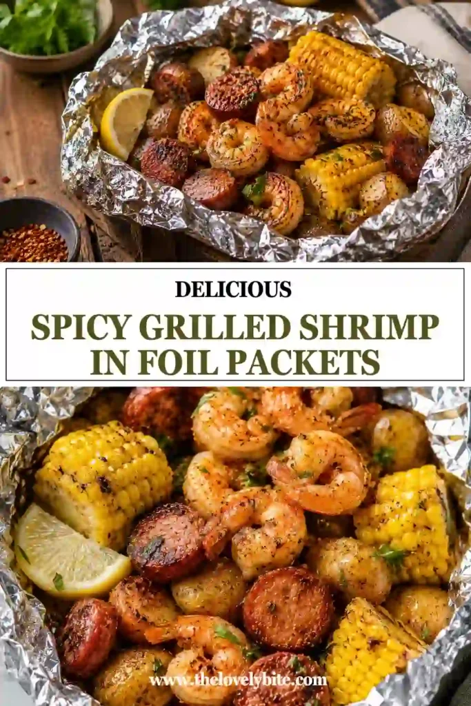 Freshly cooked shrimp and sausage foil packets served directly in aluminum foil with lemon wedges and parsley garnish. A colorful and hearty seafood dinner.