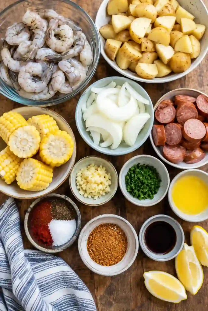 A foil packet filled with spicy grilled shrimp, corn on the cob, potatoes, and beef sausage, seasoned with Old Bay and fresh herbs. The seafood boil-inspired meal is finished with fresh lemon wedges and parsley.
