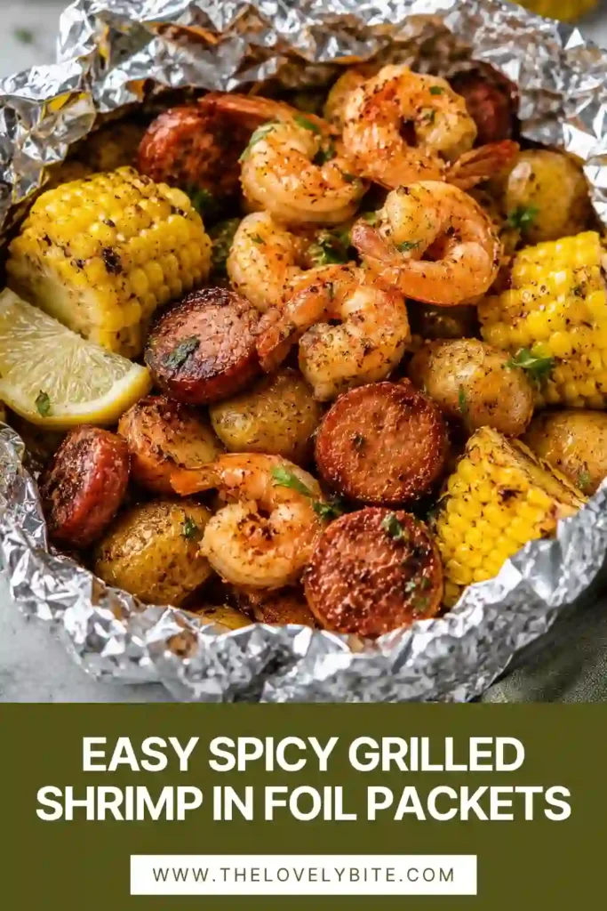 Grilled seafood foil packets filled with shrimp, corn, potatoes, garlic, and beef sausage, garnished with fresh parsley and lemon. A quick and flavorful dinner option.