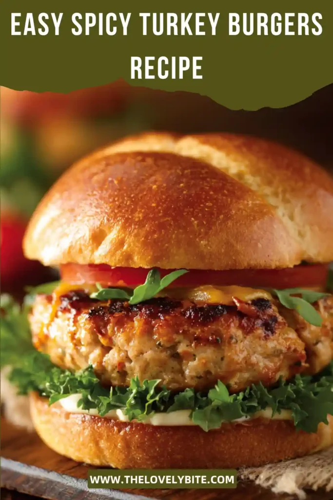 Close-up view of homemade Spicy Turkey Burgers with fresh toppings and melted cheese. These healthy turkey burgers are grilled until perfectly juicy.