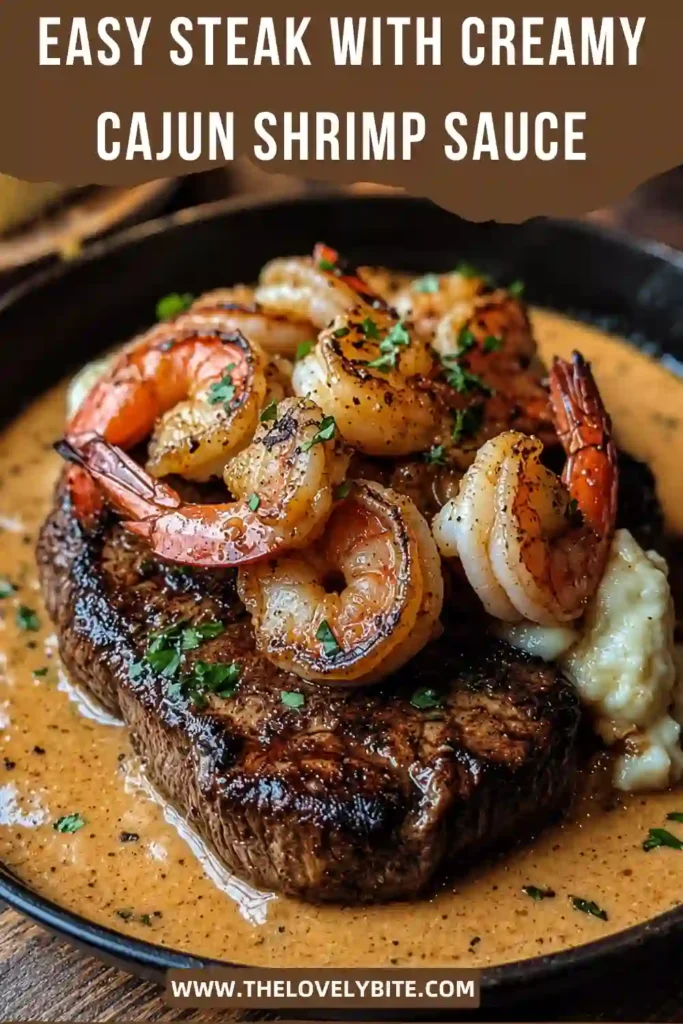 Juicy ribeye steak covered with tender shrimp in a creamy Parmesan Cajun sauce. A comforting and flavorful steak dinner.