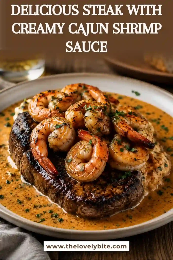 Perfectly seared steak topped with creamy Cajun shrimp sauce and fresh parsley. This rich surf-and-turf recipe is ideal for a special dinner.