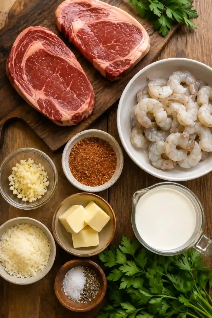 Steak and shrimp served together in a silky Cajun cream sauce with fresh parsley garnish. A delicious gourmet meal made at home.
