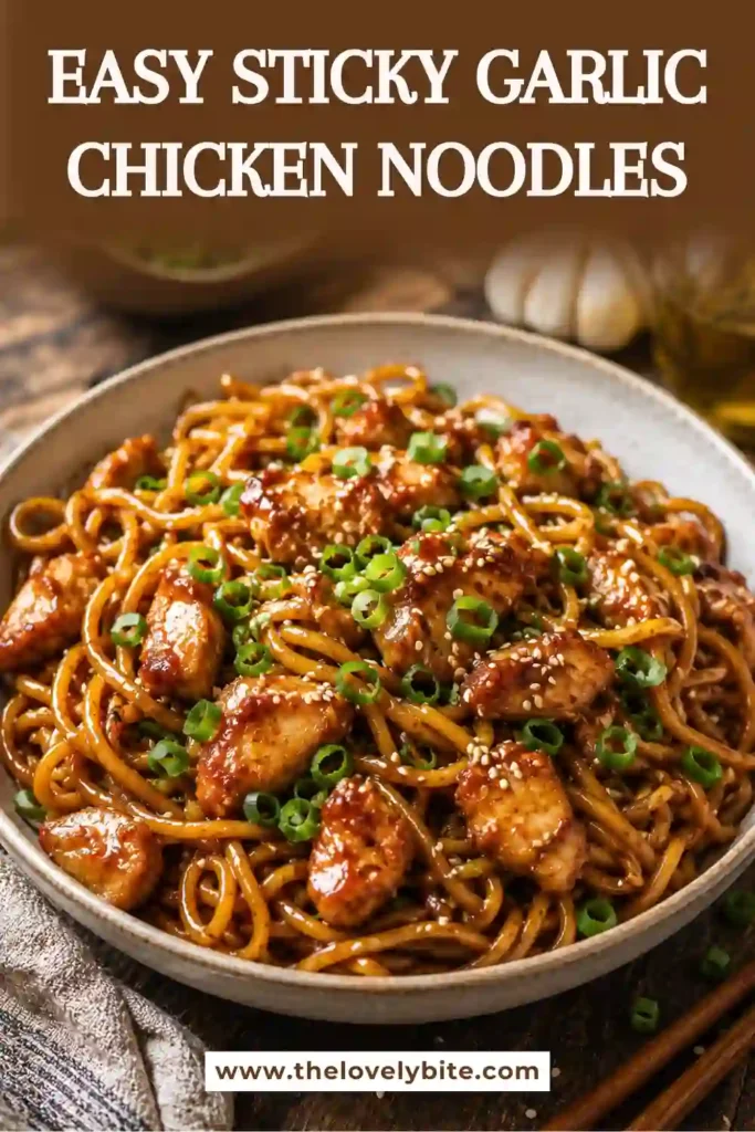 A bowl of Sticky Garlic Chicken Noodles topped with sliced spring onions and sesame seeds. Tender chicken and glossy noodles are coated in a rich garlic sauce.