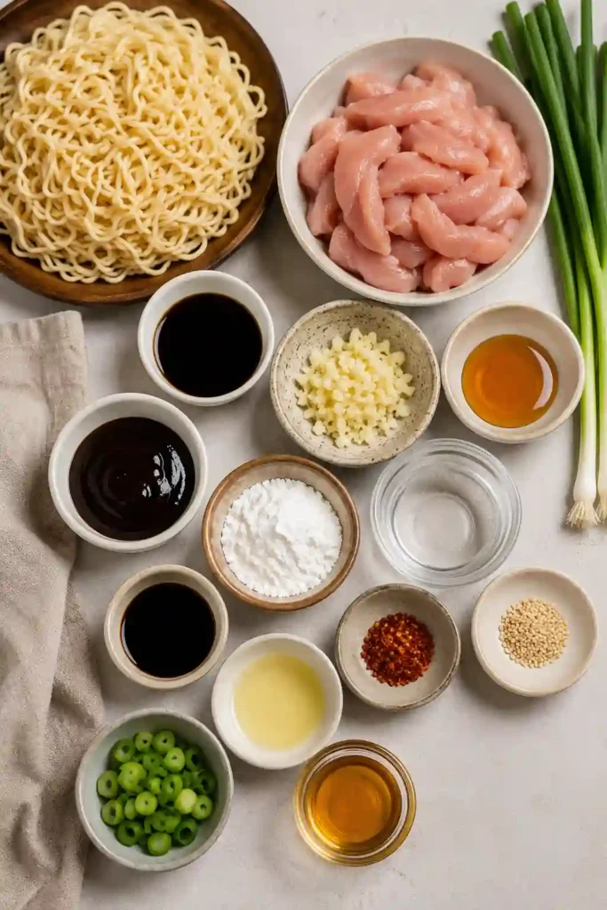 Asian-inspired chicken noodles tossed in a glossy garlic sauce and garnished with green onions. Served warm and ready to enjoy.