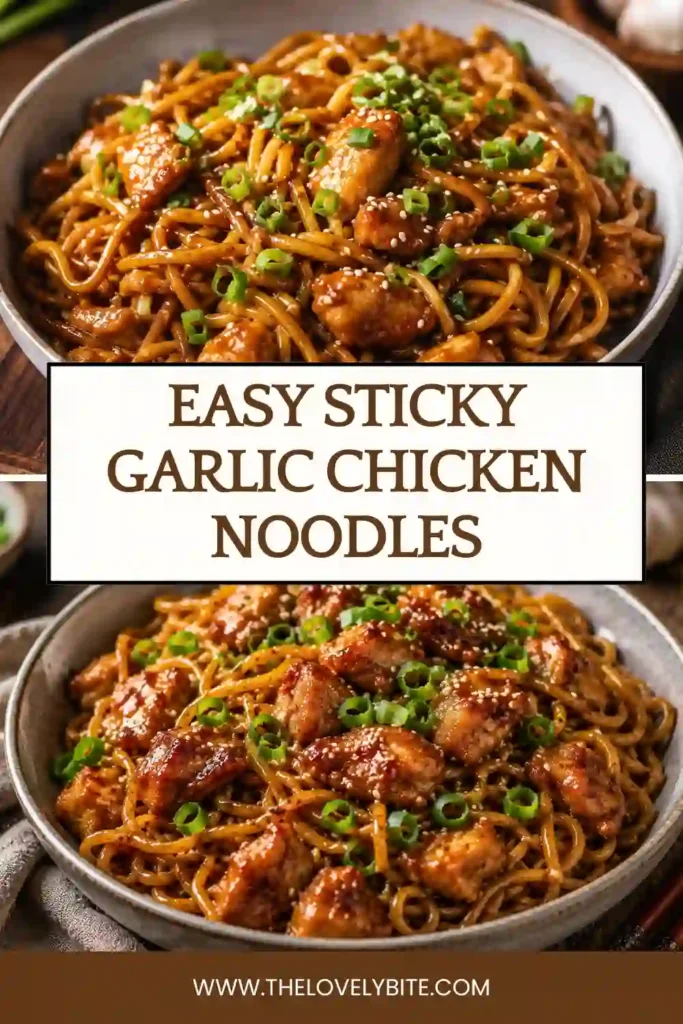 Freshly cooked Sticky Garlic Chicken Noodles served hot in a bowl with sesame garnish. The noodles are coated evenly in a rich sticky sauce.