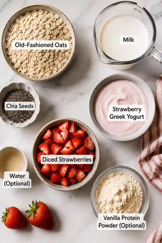 A glass jar filled with Strawberries and Cream Overnight Oats topped with fresh diced strawberries. The creamy oat mixture creates a healthy and delicious make-ahead breakfast.