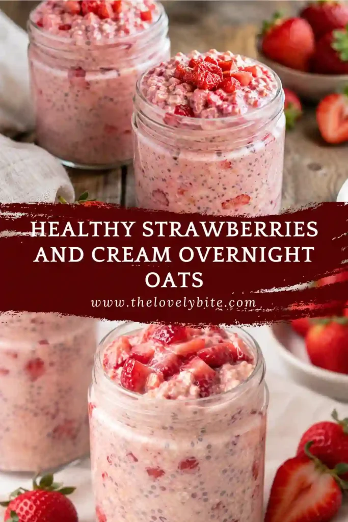 Healthy strawberry overnight oats served in a mason jar with fresh strawberries on top. This protein-rich breakfast is ideal for meal prep and busy mornings.