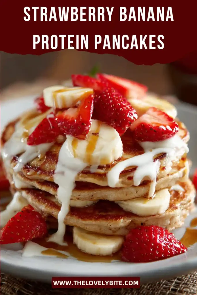 Healthy Strawberry Banana Protein Pancakes served with fresh strawberries and a smooth Greek yogurt drizzle. A protein-packed breakfast made with oats and banana.