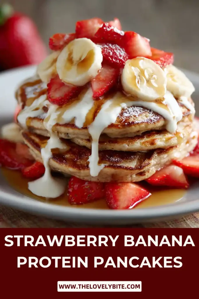 Homemade Strawberry Banana Protein Pancakes made with oat flour, whey protein, and ripe bananas. Served warm with vanilla yogurt and fresh berries.
