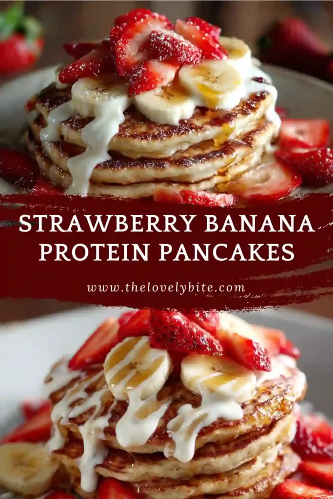 Fresh Strawberry Banana Protein Pancakes arranged on a breakfast plate with yogurt topping and chopped strawberries. A healthy and filling morning meal.