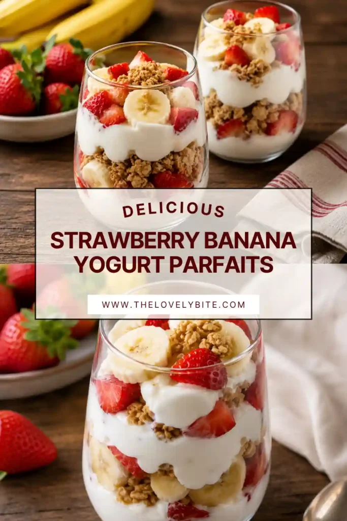 Strawberry Banana Yogurt Parfaits layered with creamy strawberry and vanilla yogurt, fresh banana slices, strawberries, and crunchy granola. This healthy breakfast parfait is colorful, fresh, and perfect for busy mornings.