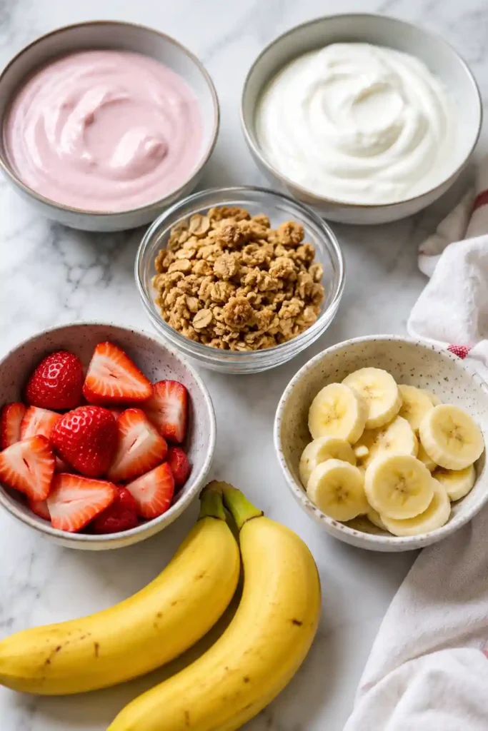 Fresh Strawberry Banana Yogurt Parfaits topped with sliced strawberries, bananas, and crunchy granola. This healthy yogurt parfait is ideal for breakfast, brunch, or dessert.