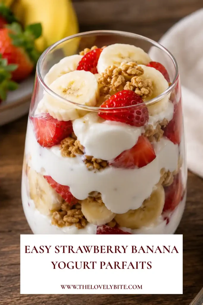 A glass filled with Strawberry Banana Yogurt Parfaits featuring layers of yogurt, juicy strawberries, ripe bananas, and golden granola. This easy yogurt parfait recipe makes a wholesome breakfast or snack.