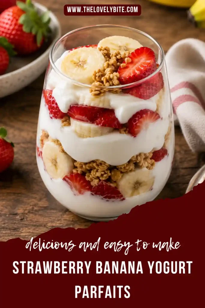 Healthy Strawberry Banana Yogurt Parfaits served in clear glasses with creamy yogurt, fresh fruit, and crunchy granola. A nutritious breakfast parfait ready in minutes.
