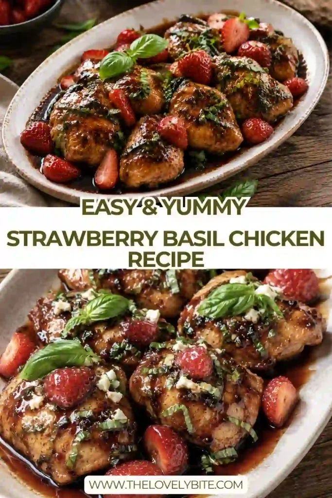 Freshly baked Strawberry Basil Chicken topped with sliced strawberries and chopped basil in a baking dish. The sweet and savory chicken dinner features a glossy honey balsamic glaze and vibrant seasonal ingredients.