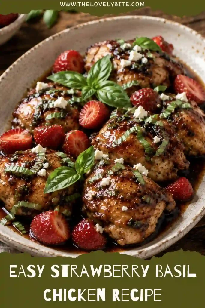 A close-up of Strawberry Basil Chicken served with fresh strawberries and basil leaves. This easy baked chicken recipe showcases bright summer flavors and tender chicken breasts.