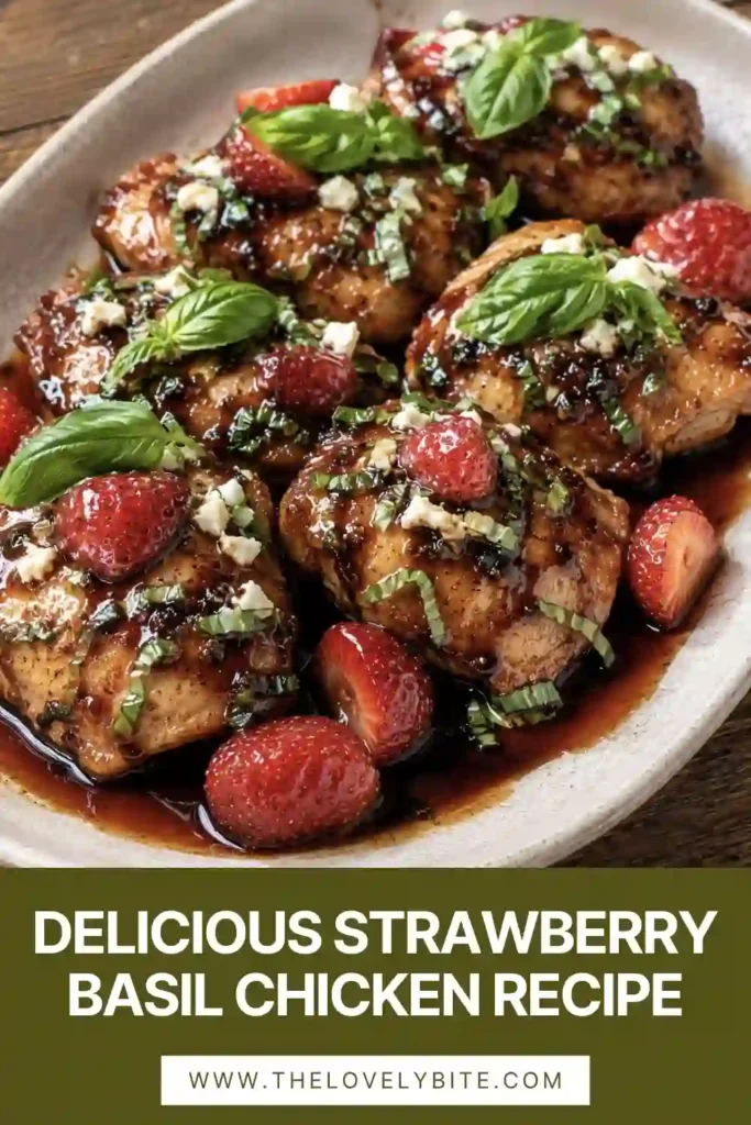 Strawberry Basil Chicken plated with fresh herbs and a glossy balsamic sauce. The dish highlights tender chicken, ripe strawberries, and fresh basil for a seasonal dinner recipe.