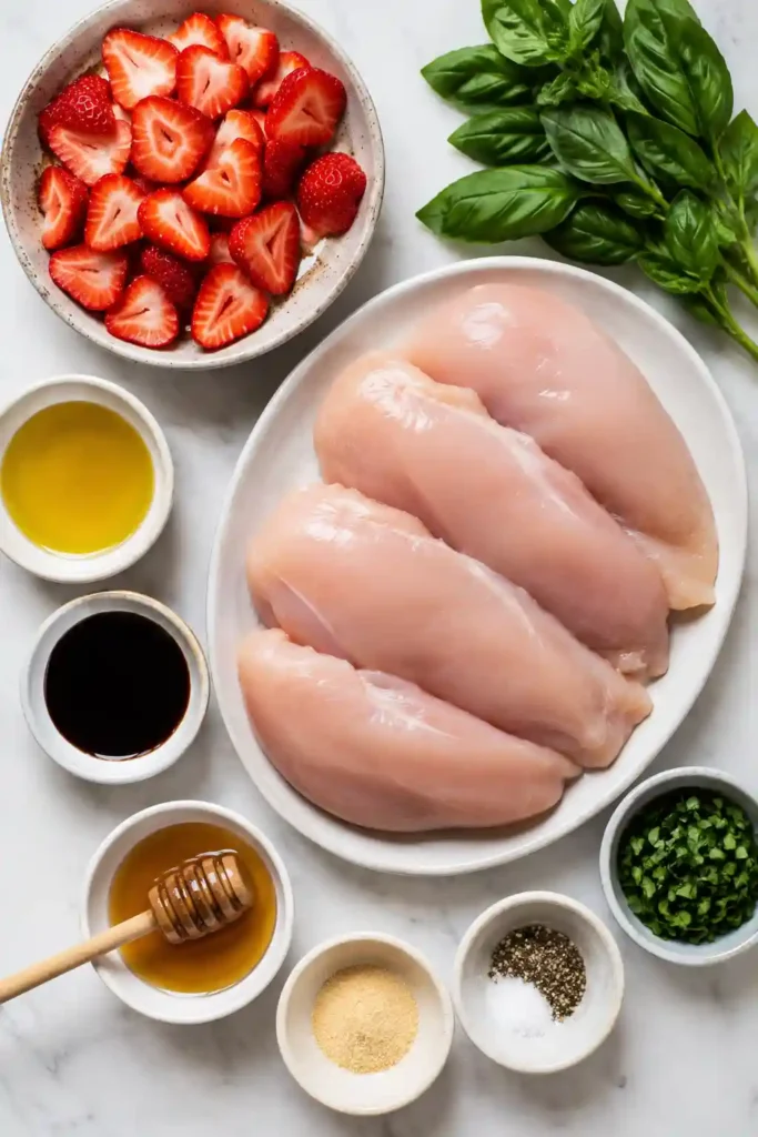 Baked Strawberry Basil Chicken garnished with sliced strawberries and chopped basil. The healthy chicken dinner features simple ingredients and vibrant summer flavors.
