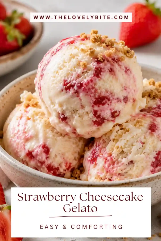 A scoop of Strawberry Cheesecake Gelato served in a bowl with fresh strawberries and graham cracker crumbs. The creamy frozen dessert showcases a smooth texture and rich cheesecake flavor.