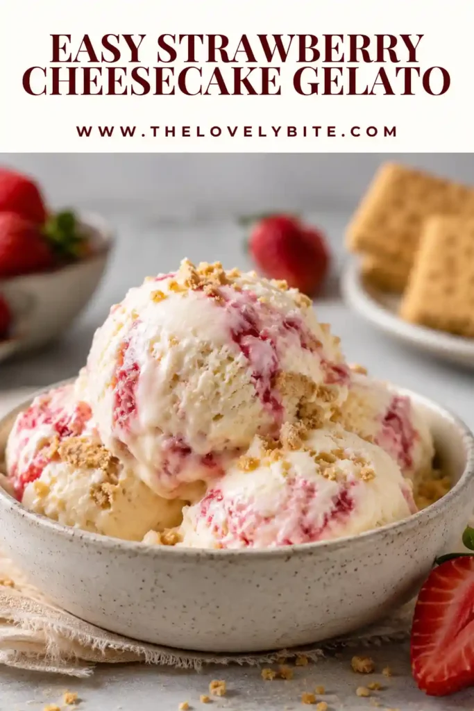 Homemade Strawberry Cheesecake Gelato topped with crushed graham crackers in a chilled dessert bowl. The frozen treat looks smooth, dense, and irresistibly creamy.