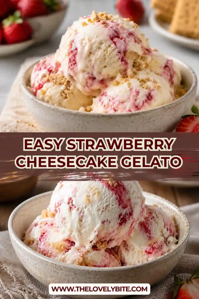 A close-up of Strawberry Cheesecake Gelato with strawberry swirls and golden graham cracker crumbs. The dessert has a luxurious texture and vibrant strawberry color.