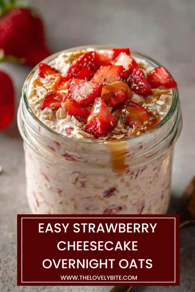 A jar of Strawberry Cheesecake Overnight Oats topped with fresh strawberries and graham cracker crumbs. This creamy high-protein breakfast is perfect for meal prep and busy mornings.