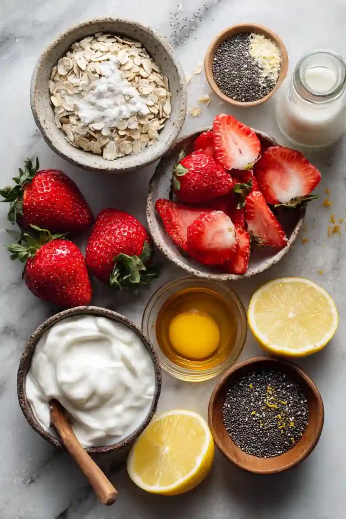 Healthy Strawberry Cheesecake Overnight Oats garnished with strawberries and graham cracker crumbs. An easy no-cook breakfast packed with protein and fiber.