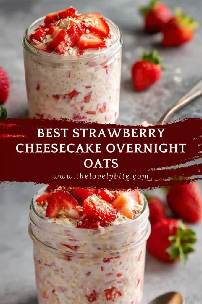 Creamy Strawberry Cheesecake Overnight Oats made with Greek yogurt, oats, and fresh strawberries. A healthy make-ahead breakfast served in a glass jar.