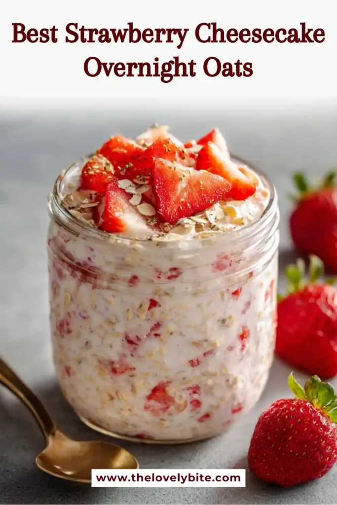 Close-up of strawberry overnight oats with cheesecake-inspired flavors and fresh berry toppings. A nutritious breakfast recipe with a rich and creamy texture.