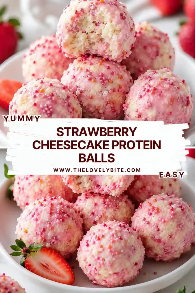 A plate of Strawberry Cheesecake Protein Balls coated in crushed freeze-dried strawberries. These creamy no-bake protein bites are perfect for healthy snacking and meal prep.