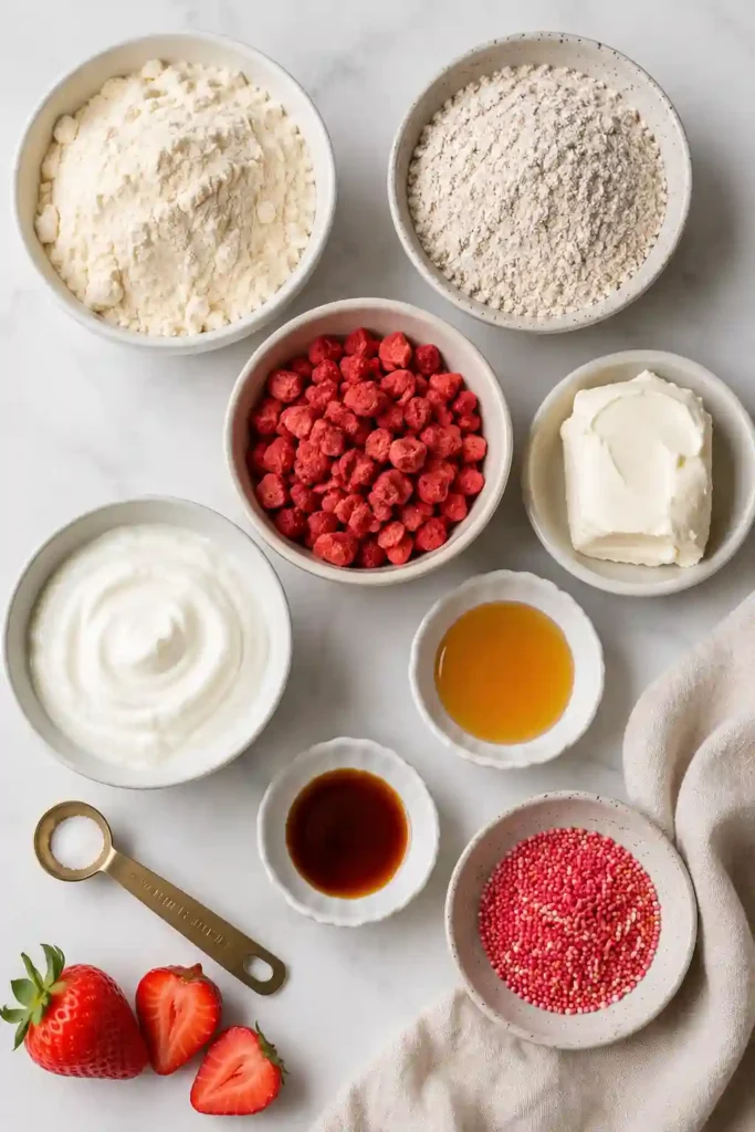 Freshly made Strawberry Cheesecake Protein Balls chilling before serving. These protein energy balls offer a delicious balance of sweetness and nutrition.
