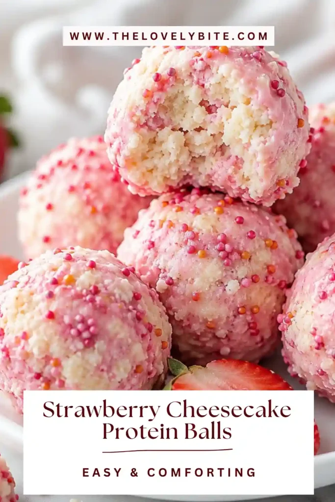 Homemade Strawberry Cheesecake Protein Balls arranged on a serving platter. These high-protein snacks are made with cream cheese, oat flour, and freeze-dried strawberries.