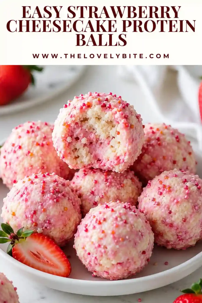 Close-up view of Strawberry Cheesecake Protein Balls with a pink strawberry coating. These cheesecake-inspired protein bites are easy to make and packed with flavor.