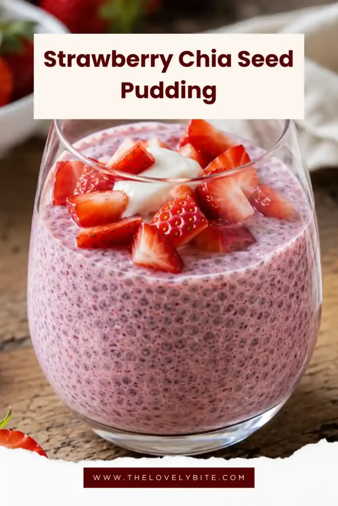 A glass of creamy Strawberry Chia Seed Pudding topped with fresh strawberries. This healthy breakfast recipe features blended berries, yogurt, and nutrient-rich chia seeds.