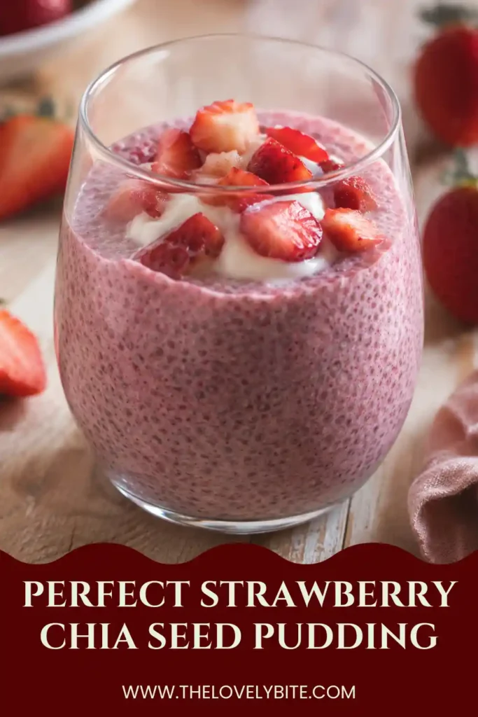Fresh Strawberry Chia Seed Pudding layered in a serving glass with juicy berries on top. A delicious and healthy breakfast or snack for meal prep.