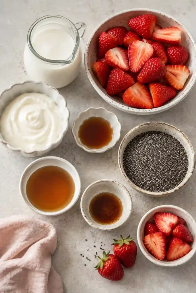 Smooth Strawberry Chia Seed Pudding garnished with whipped cream and fresh strawberries. This easy chia pudding recipe is perfect for breakfast or dessert.
