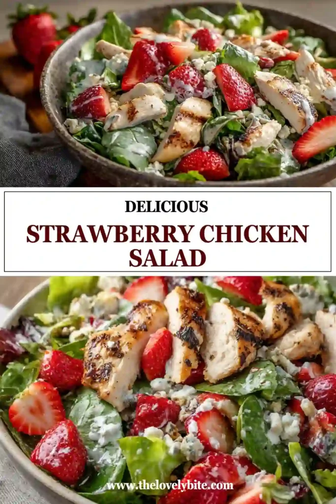 Healthy Strawberry Chicken Salad served with spinach, blueberries, mandarin oranges, avocado, and sliced almonds. A creamy poppy seed dressing adds the perfect finishing touch.