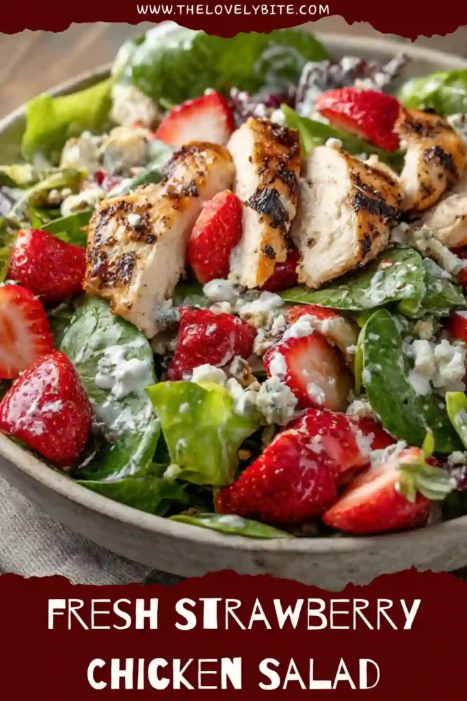 A fresh summer Strawberry Chicken Salad featuring mixed greens, fruit, avocado, and shredded chicken. The salad is lightly coated with a creamy poppy seed dressing.