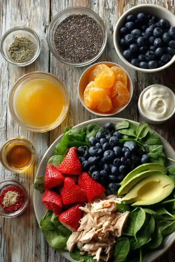 A bowl of Strawberry Chicken Salad filled with fresh spinach, sliced strawberries, blueberries, avocado, and shredded chicken. The colorful salad is topped with creamy homemade poppy seed dressing.