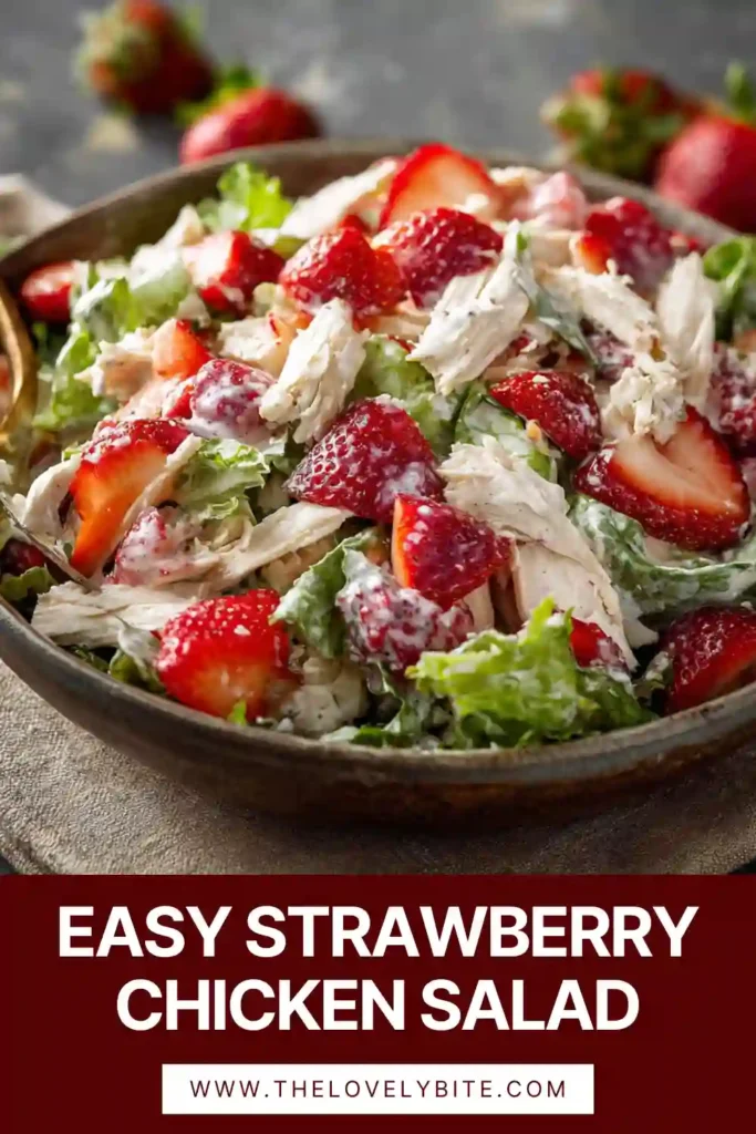 Colorful Strawberry Chicken Salad arranged with fresh berries, mandarin oranges, avocado, spinach, and almonds. Homemade dressing enhances the natural flavors of the ingredients.