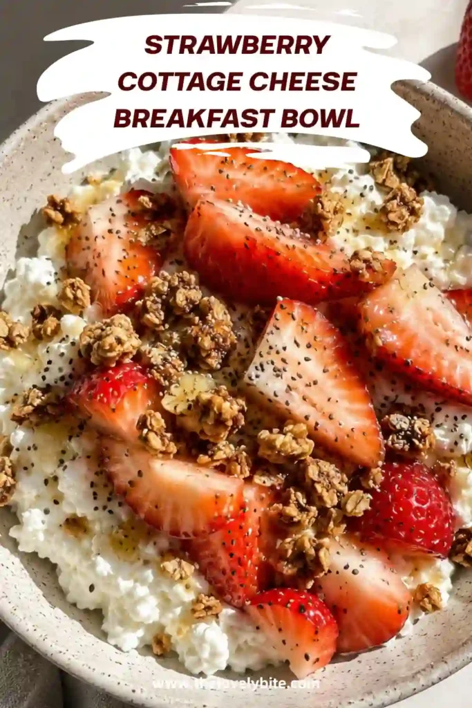 Creamy cottage cheese served with warm roasted strawberries, maple syrup, oats, and cinnamon. A wholesome high protein breakfast recipe perfect for busy mornings.